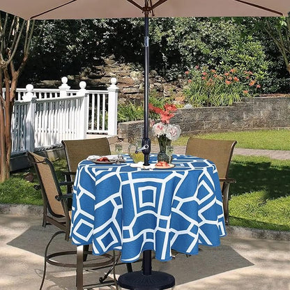 LUSHVIDA Moroccan Outdoor Round Tablecloth with Umbrella Hole and Zipper, 60 Inch Blue, Waterproof Wrinkle Free Table Cloth Decorative Fabric Washable Table Cover for Patio, Party, Picnic