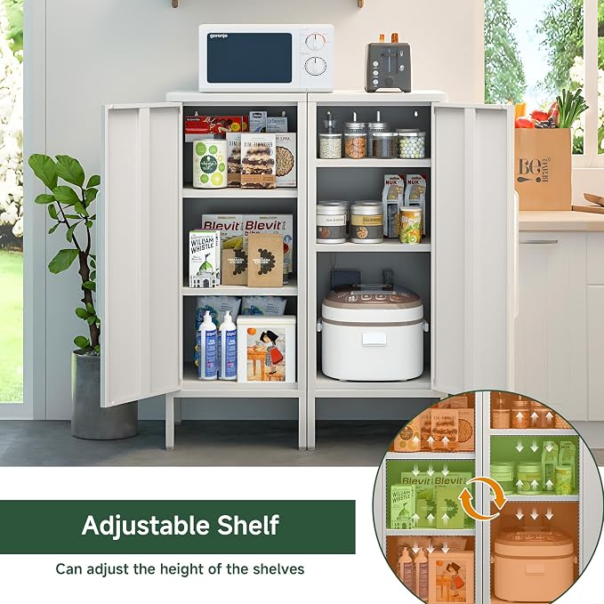 Metal Storage Cabinet with 2 Adjustable Shelves Small Storage Cabinets with Door for Office Kitchen Bathroom Living Room Pantry Garage (White)