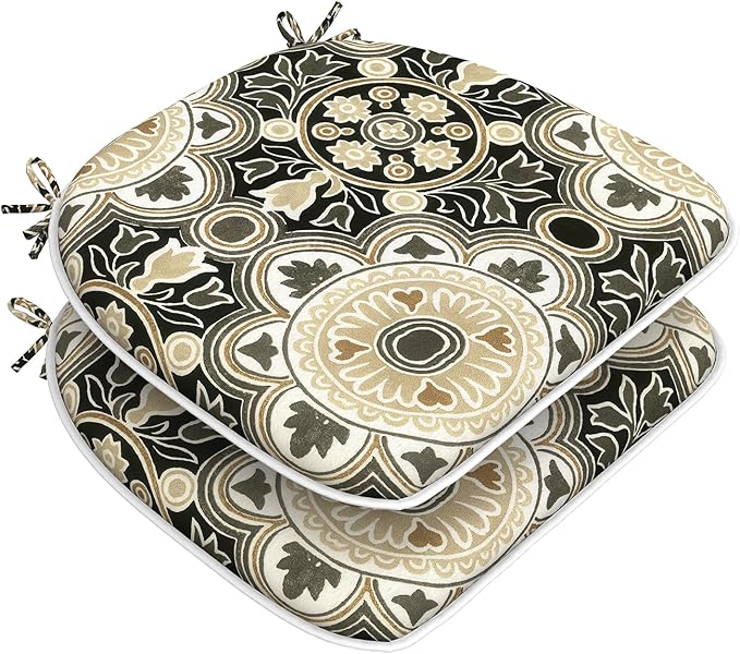 DYTXIII Set of 2 Outdoor Chair Cushions with Ties, Water Repellent Patio Chair Pads 17"x 16" for Outdoor Furniture, Round Corner Seat Cushions for Garden Yard Kitchen Vintage Medallion
