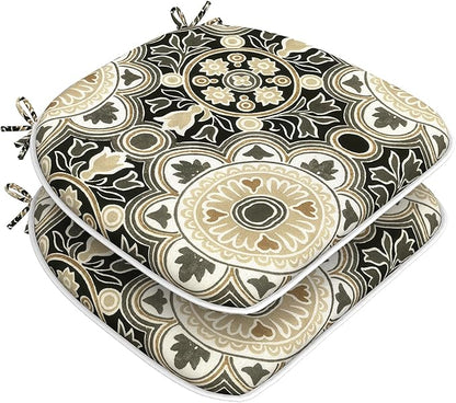DYTXIII Set of 2 Outdoor Chair Cushions with Ties, Water Repellent Patio Chair Pads 17"x 16" for Outdoor Furniture, Round Corner Seat Cushions for Garden Yard Kitchen Vintage Medallion