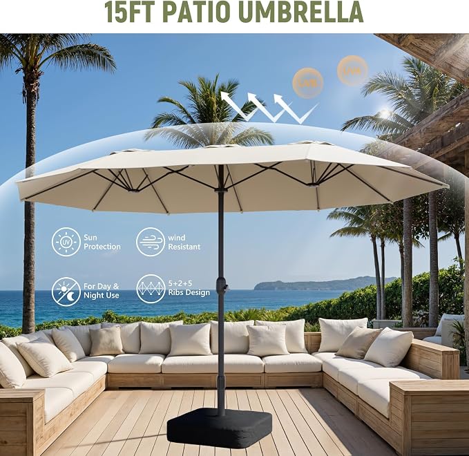 15FT Double-Sided Patio Umbrella, Outdoor Market Umbrella with Base