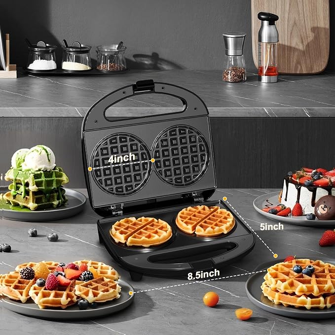 OSTBA Mini Waffle Maker, Double 4-Inch Belgian Waffle Iron | 750W Heating Makes Two Waffles at Once with Nonstick Plates, Indicator Lights, Cool-Touch Handle and Compact Storage