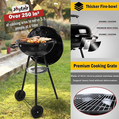 Joyfair 18 Inch Kettle Charcoal Grill with Charcoal Chimney Starter, Outdoor Barbecue Grill for Camping/Backyard/Tabletop Grilling, Portable Round Smoker with Wheels