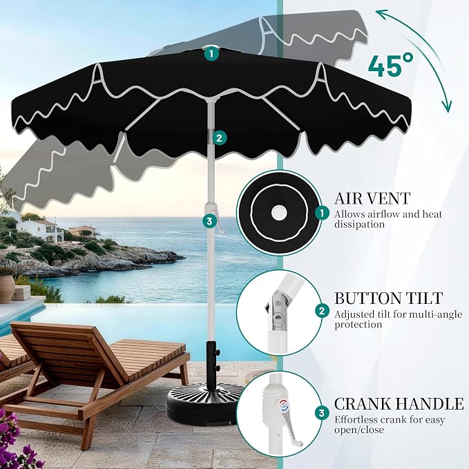 AreShark 7.5FT Outdoor Patio Umbrella with Wavy Trim (Black) | Market Table Umbrellas w/ 6 Sturdy Ribs, Crank & Tilt, White Pole, Pool Umbrella with UV-Fade Resistant Fabric, Heavy Frame