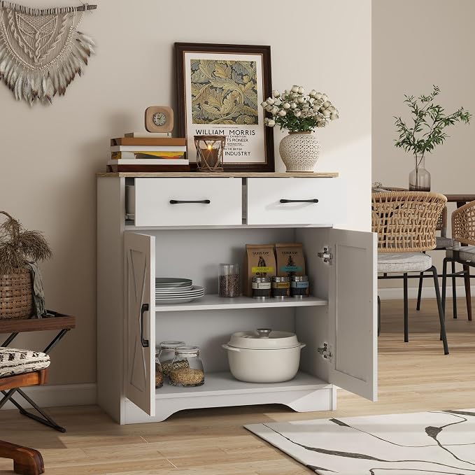 Panana Sideboard 2 Drawers 2 Doors Entryway Storage Cabinet Living Room Organizer Farmhouse Style Wooden Kitchen Cupboard (White)