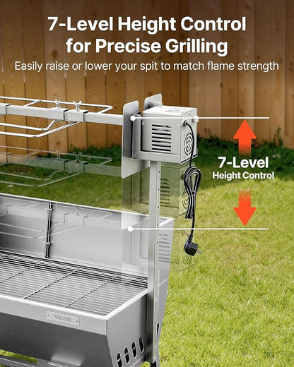 VEVOR Rotisserie Grill, 38W Stainless Steel BBQ Outdoor Pig & Lamb Spit Roaster, 132 LBS Load Capacity Charcoal Spit Roaster with 7-Level Height, Electric Rotisserie Grill Kit for Camping Outdoor