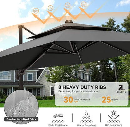 9x12FT Grey Cantilever Outdoor Patio Umbrella with Base, Large Rectangular Offset Design, Double Top Heavy Duty Aluminum Frame & 360° Rotation for Pool Garden Deck Backyard, Beige