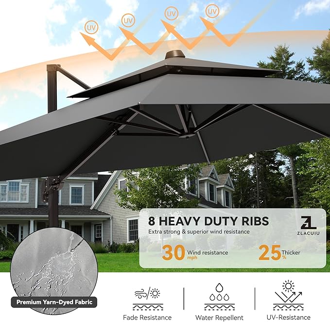 9x12FT Cantilever Patio Umbrella Heavy-Duty Aluminum | 360° Rotating Double Canopy Rectangular Offset Umbrella for Pool, Deck, Garden & Backyard, Grey