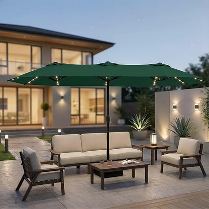 15ft Large Patio Umbrella with Solar Lights and Base, Double-Sided Outdoor Rectangle Umbrella with 48 LED Lights, Market Table Umbrellas with UV Resistant Canopy