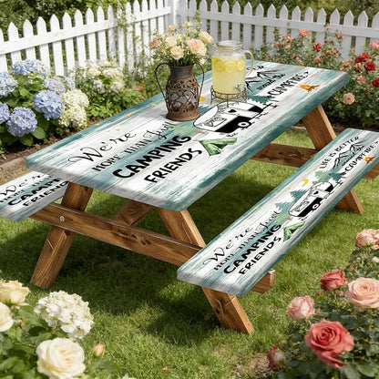 Happy Camper Picnic Table Cover with Bench Covers Elastic Edges, Wooden Camper Fitted Table Cover, Outdoor Patio Camping Essentials 72 Inch 3PCS, Waterproof Camping Tablecloth with Drawstring Bag