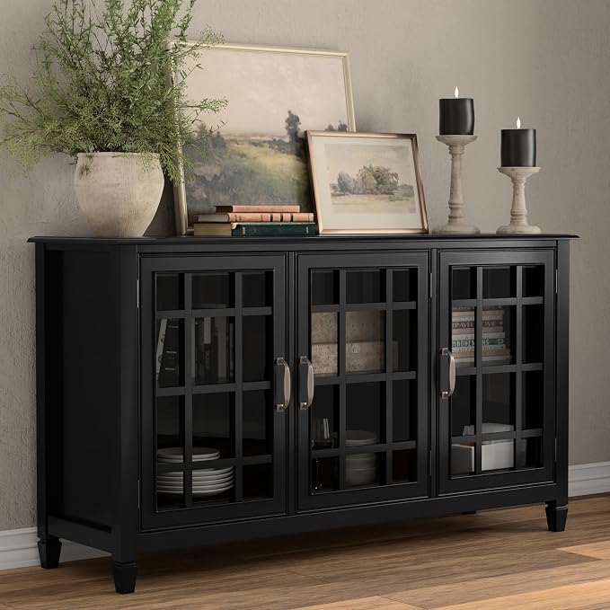 SIMPLIHOME Connaught 60" Wide Solid Wood Buffet Cabinet in Black | Traditional sideboard with glass doors, adjustable shelves and notched legs for the dining room, entryway or living room.
