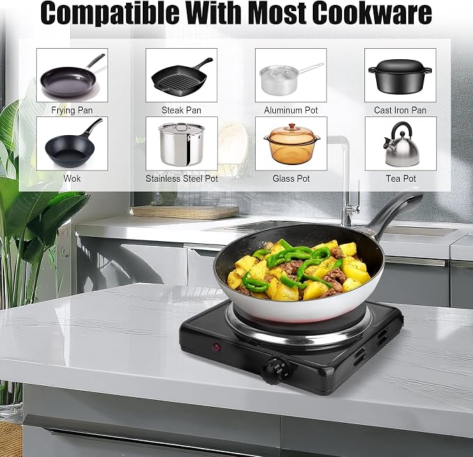 Hot Plate, 1500W Electric Stove with Single Cast Iron Burner – 5 Adjustable Temperature Levels & Knob Control, Portable Countertop Cooktop for Home, RV, and Camping (Black)