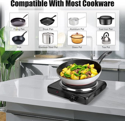Hot Plate, 1500W Electric Stove with Single Cast Iron Burner – 5 Adjustable Temperature Levels & Knob Control, Portable Countertop Cooktop for Home, RV, and Camping (Black)