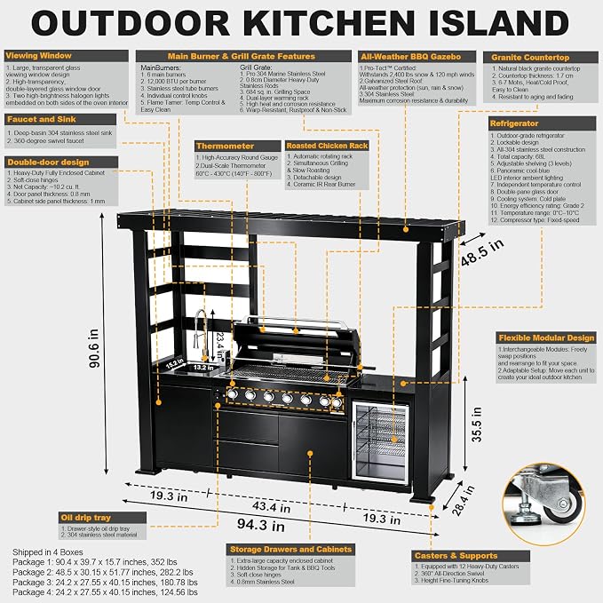 94.3" 6-Burner Modular Outdoor Kitchen Island, 85000 BTU Propane Gas Grill | Rear Infrared, Galvanized Steel Roof, Granite Countertop, Fridge, 360° Pull-Out Faucet,304 Sink, Rotisserie
