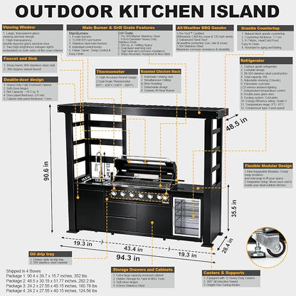 94.3" 6-Burner Modular Outdoor Kitchen Island, 85000 BTU Propane Gas Grill | Rear Infrared, Galvanized Steel Roof, Granite Countertop, Fridge, 360° Pull-Out Faucet,304 Sink, Rotisserie