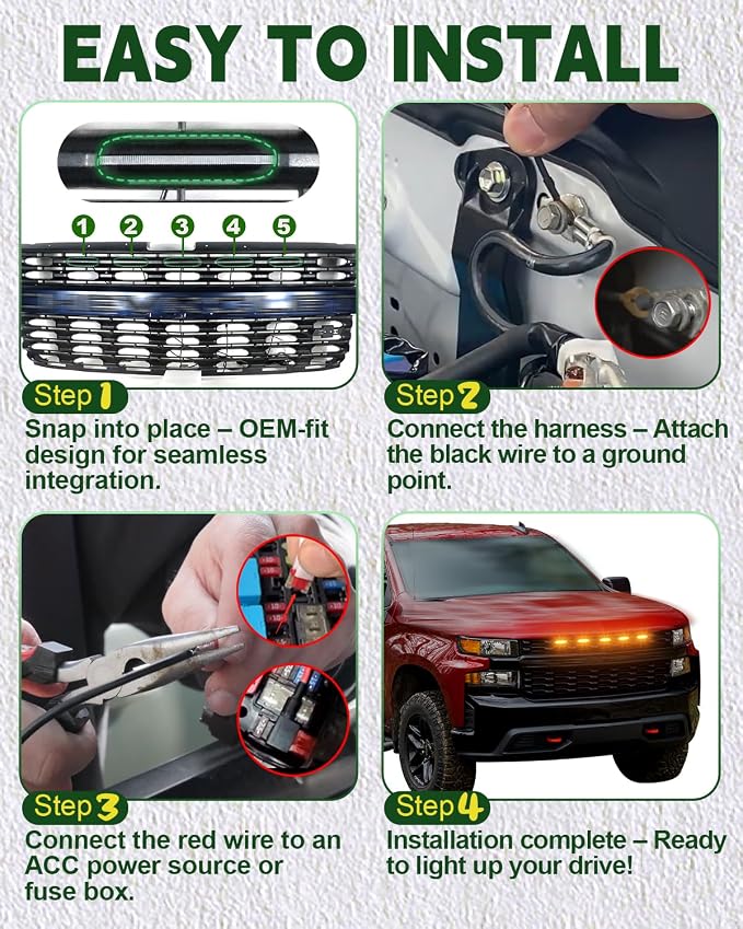 LED Grill Lights for 2019 2020 2021 Chevy Silverado Accessoreis | Clip On Front Grille Insert Light Bar Head Lamp Fits Silverado Trail Boss,WT,Custom Only