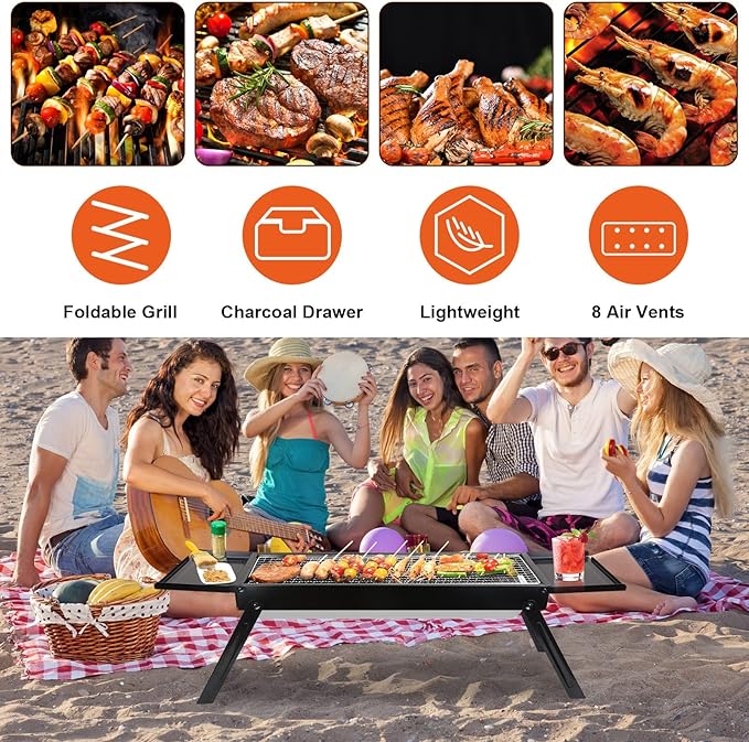 Foldable Charcoal BBQ Grill, Portable Grill Charcoal with Side Table, Stainless Steel BBQ Grill, Easy Setup Tabletop Barbecue Grill for Camping Picnic Outdoor Party Backyard Travel (Extended)