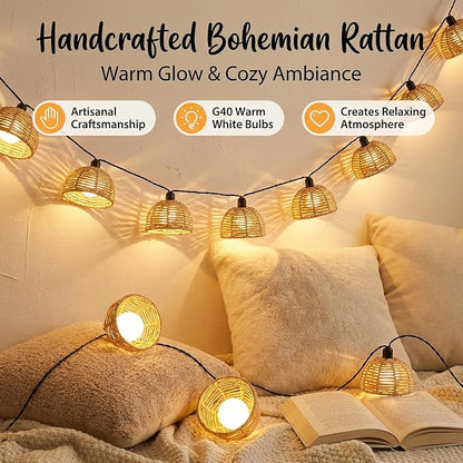 Solar Rattan String Lights Outdoor, 16FT 16 LED Half-Globe Hemisphere Wicker Lanterns, IP65 Waterproof Solar Powered Patio Lights, Boho Decorative Hanging Lighting for Garden Porch Wedding
