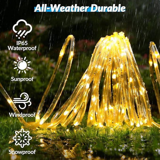 Solar Rope Lights, 33FT 100 LED Solar Fairy Lights with 8 Lighting Modes, IP65 Waterproof Strip Light Outdoor for Garden Yard Patio Deck Fence Tree Party Holiday Decoration, Warm White