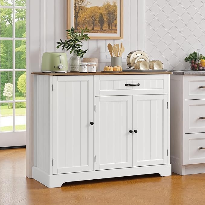 Coffee Bar, Storage Cabinet, White and Rustic | Buffet Cabinet, Sideboard Cabinet with Internal Storage Shelf for Dining Room, Kitchen, Living Room, Kitchen and Laundry Room
