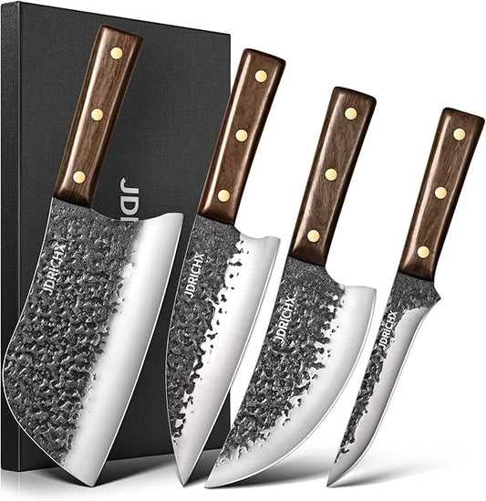 4-Piece Butcher Knife Set – Hand Forged High Carbon Steel Meat Cleaver Knives, Full Tang for Bone Cutting, Heavy Duty & Ultra Sharp, Perfect for BBQ, Meat Prep, and Precision Trimming