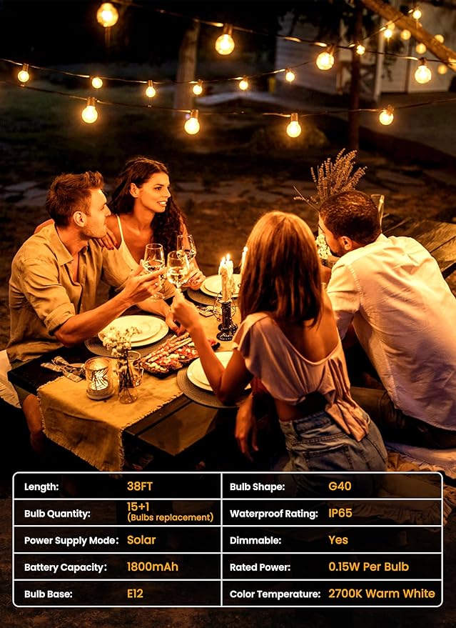 Brightown 38FT 16LED Solar String Lights Outdoor with Remote & USB Port, Shatterproof Bulbs, Dimmable & Timable, 3 Modes, Patio Lights Solar Powered with Mount Clips for Camping Backyard Garden Decor