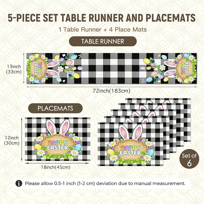 Nuxovilar Tablerunner and Placemats Set of 7 Black-White Plaid Easter Decor Linen Square Placemats for Dining Dining Sets and Accessories Family Dinner, Easter Celebration, Restaurant Setup