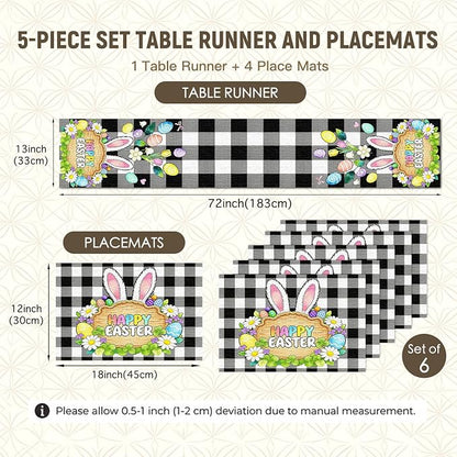 Nuxovilar Tablerunner and Placemats Set of 7 Black-White Plaid Easter Decor Linen Square Placemats for Dining Dining Sets and Accessories Family Dinner, Easter Celebration, Restaurant Setup