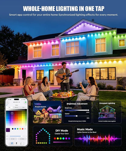 Permanent Outdoor Lights 100FT, RGB+IC Smart Outdoor Lights for House, App & Voice Control, Waterproof Outdoor Eave Lights for Christmas Holiday Patio Yard Decor