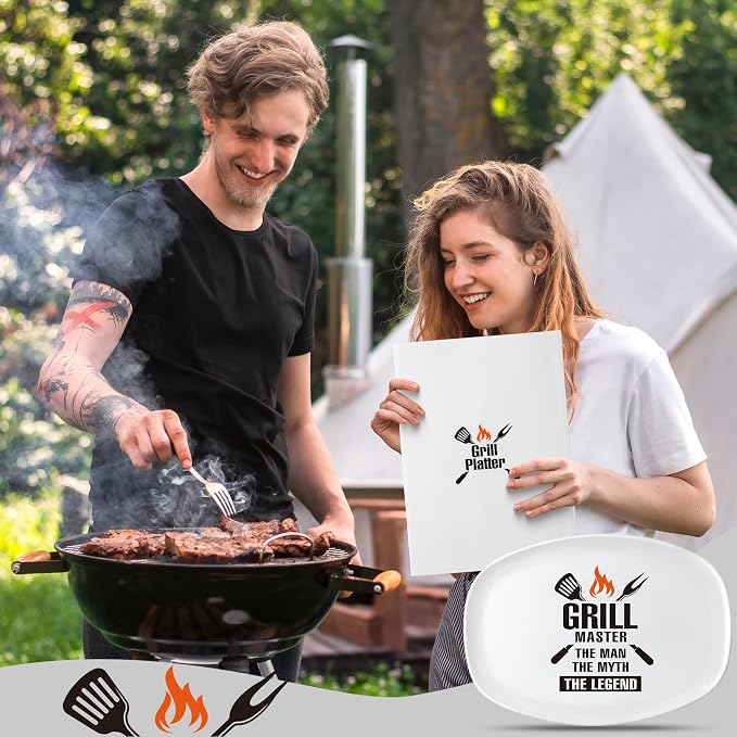 R HORSE Melamine Grill Platter Gift, BBQ White Oval Serving Tray Plate | Christmas, New Year, Birthday Gift for Men, Boyfriend, Husband, Ideal for Appetizer Dessert Charcuterie Outdoor Indoor Party