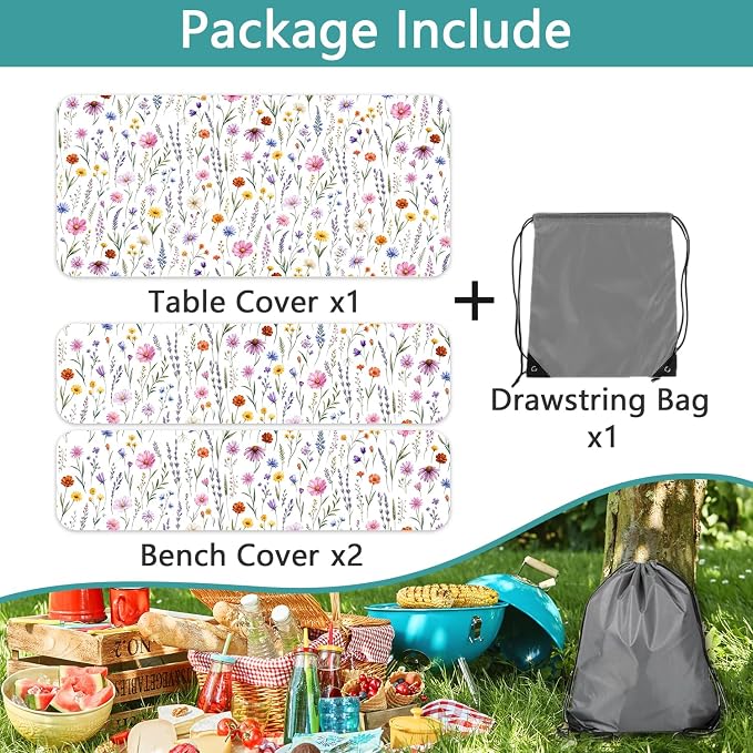 Floral Picnic Table Cover with Bench Covers and Bag, Camping Essentials, Colorful Wildflower Waterproof Camping Tablecloth with Elastic Edges Fitted Rectangle for Outdoor & Garden, 3 Pcs, 30x96 Inch