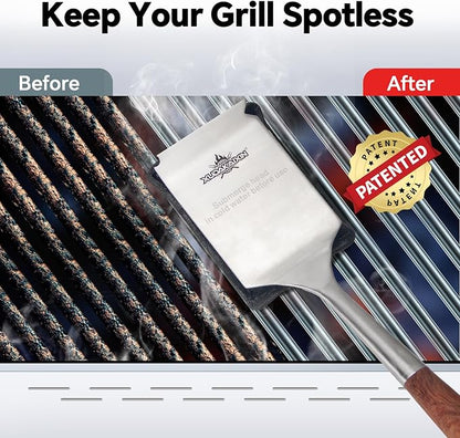 Bristle-Free Steam Cleaning Grill Brush Kit – Luxurious Long Rosewood Handle, Includes 1 Replacement Head – Safe BBQ Grill Cleaning for Outdoor Grill – Great Gift for Men/Dad