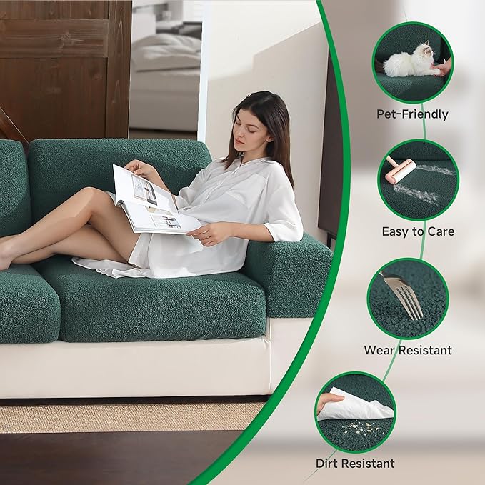 OHSIO Couch Cushion Covers for Sectional Sofa, Stretch Soft Sofa Slipcovers Washable Wear-Resistant Universal Furniture Protector for Living Room(3 Seaters Covers, Green)