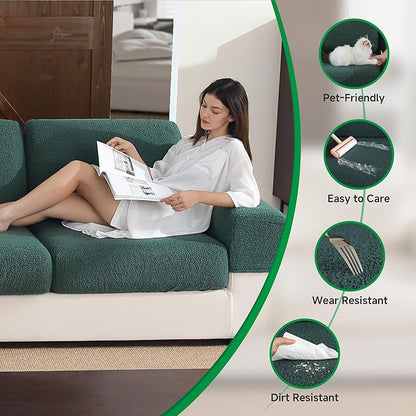 OHSIO Couch Cushion Covers for Sectional Sofa, Stretch Soft Sofa Slipcovers Washable Wear-Resistant Universal Furniture Protector for Living Room(3 Seaters Covers, Green)