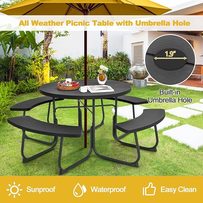 Tangkula 8 Person Picnic Table, Outdoor Round Picnic Table with 4 Built-in Benches, Umbrella Hole, Metal Frame & HDPE Tabletop, Outside Table and Bench Set for Backyard, 2300lbs Weight Capacity