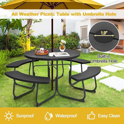 Tangkula 8 Person Picnic Table, Outdoor Round Picnic Table with 4 Built-in Benches, Umbrella Hole, Metal Frame & HDPE Tabletop, Outside Table and Bench Set for Backyard, 2300lbs Weight Capacity