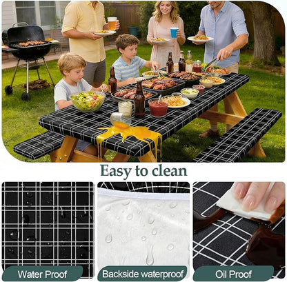 Picnic Table Cover with Bench Covers Camping Essentials Waterproof Windproof Camping Tablecloth with Drawstring Bag, Fitted Rectangle Tables and Seats, 72in, Black Checkered