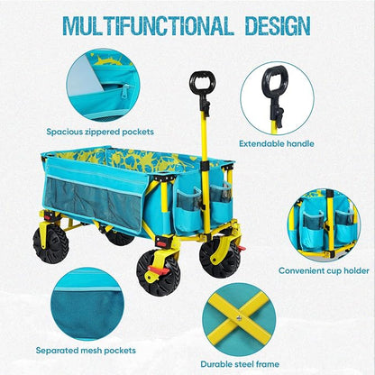 300lbs Extra Long 49" L Beach Wagon with Big Wheels with Brake for Sand, Collapsible Utility Beach Cart Heavy Duty Folding Wagon,Ideal for Outdoor Sand Camping Garden Pet