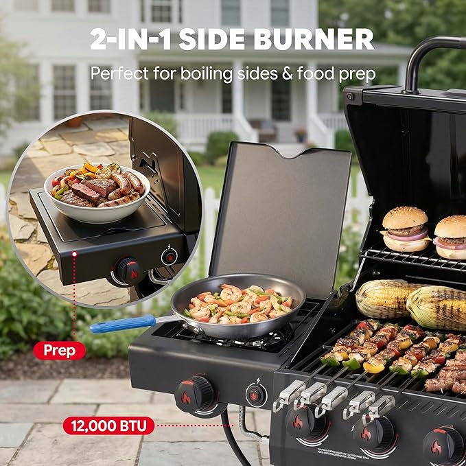 Feasto 5 Burner Propane Gas Grill with Side Burner & Sear Burner, Porcelain-Enameled Main Body and Lid, Propane BBQ Grill with Warming Rack & Storage Cabinet for Outdoor, Patio, Backyard