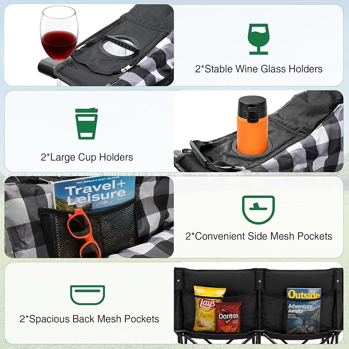 HOPERAN Double Camping Chair 800lbs Camping Couch Folding Loveseat, Black | 59" Wide Seat, 600D Fabric, Thickened Padding, Cooler Bag, Side&Rear Pocket, Cup&Wine Glass Holder, for Lawn Patio Beach