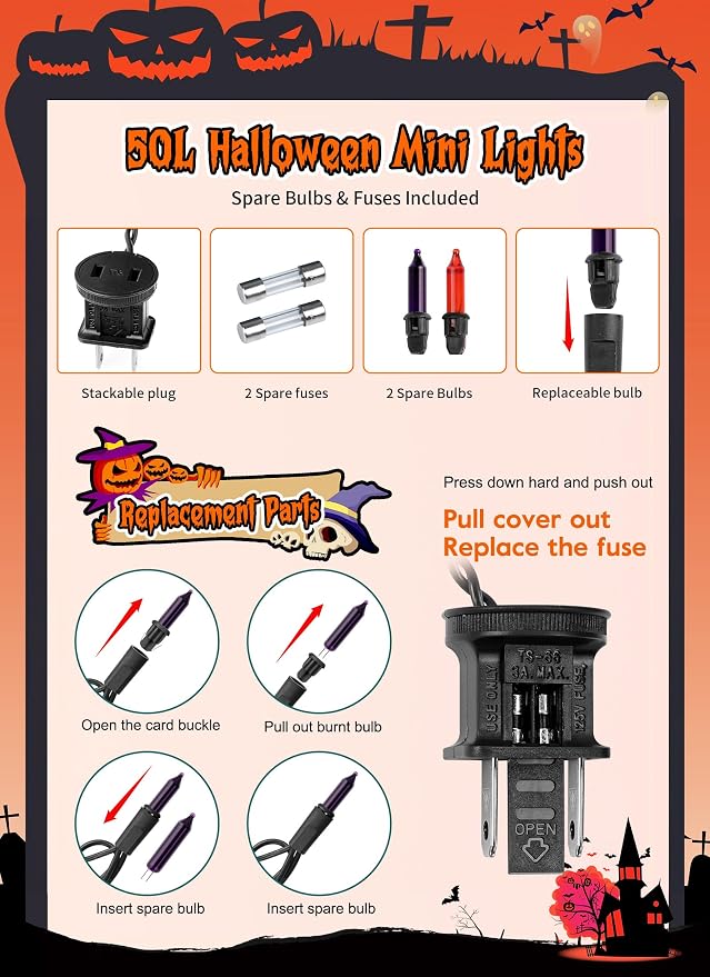 Orange & Purple Halloween Mini Lights,50 Count 10 Feet Mini String Lights | Incandescent Bulb Connectable Halloween Lights for Haunted House Ghost Party Holiday Window Indoor Outdoor Decoration,