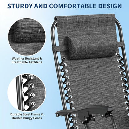 Garvee Zero Gravity Chair Set of 2, Patio Lounge Chair Outdoor with Pillow & Cup Holder Tray, Adjustable Reclining Chair, Folding Portable Camping Chair for Deck, Beach, Yard, Garden - Gray