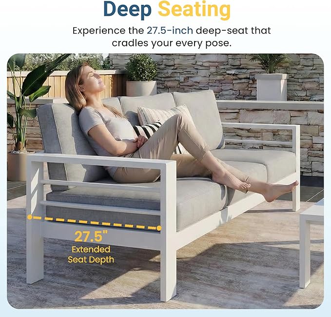 Wisteria Lane Aluminum Outdoor Sofa, 3 Pieces Patio Couch All-Weather Rust-Proof Modern Metal Patio Furniture with 5" Thick Olefin Cushions, Light Grey