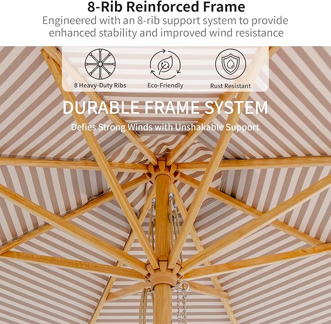 9FT/10FT Wood Patio Umbrella, Large Outdoor Table Pool Umbrella | 205G Olefin/180G Polyester Fabric, Push-Pull Operation Market Umbrella, 8 Rib Vented Canopy, Ideal for Patio, Backyard