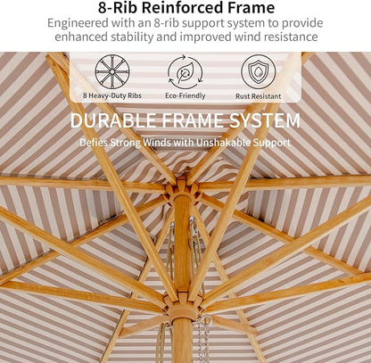 9FT/10FT Wood Patio Umbrella, Large Outdoor Table Pool Umbrella | 205G Olefin/180G Polyester Fabric, Push-Pull Operation Market Umbrella, 8 Rib Vented Canopy, Ideal for Patio, Backyard