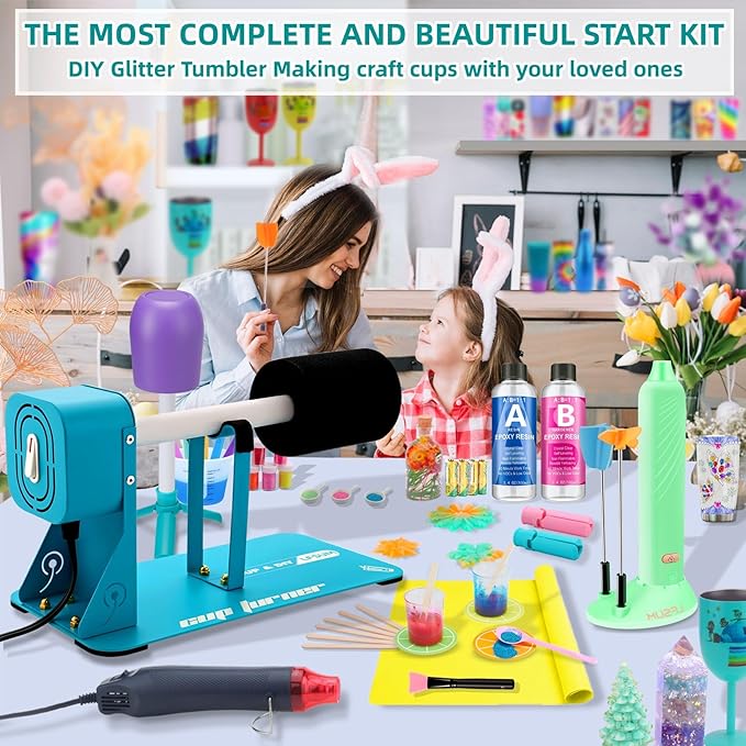 LFSUM Cup Turner Kit for Crafts Tumbler, Tumbler Cup Spinner, Glitter Powder, Epoxy Resin Kit for Beginners with Epoxy and Heat Gun (1X-Blue)