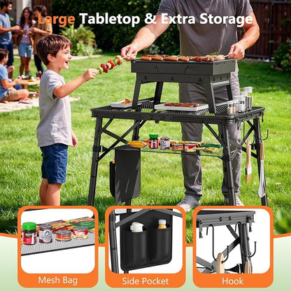 Raynesys Portable Folding Grill Table for Outside for Picnic, Camping | 3 Height Adjustable Small Camping Table with Mesh Bag, Metal Aluminum Folding Table, 23.62 x 15.75 inches, Black