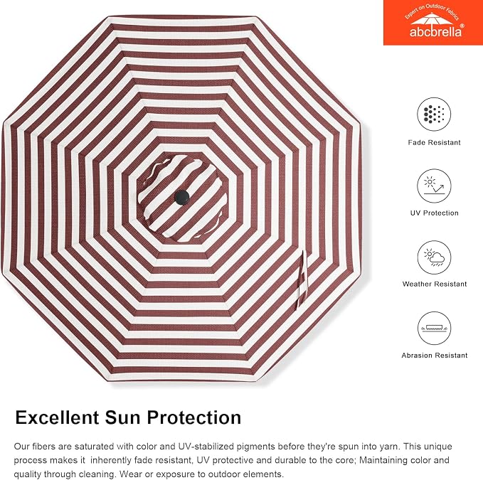 ABCCANOPY OLEFIN® 5-Year No Fading 9FT Patio Umbrella(Burgundy Stripe) | Fade & UV Resistant Fabric,8 Fiberglass Ribs，Wind Vent，Crank Lift & Tilt,Outdoor Table Umbrella for Deck,Backyard,Yard