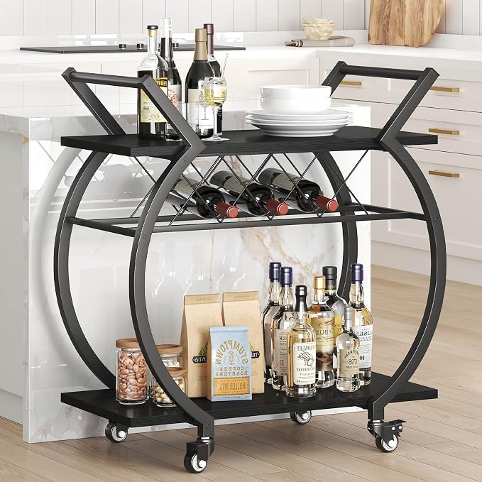 LVB Black Bar Cart with Wheels, Industrial Wine Cart with Storage for Home | Modern Bar Cart with Wine Rack, Beverage Rolling Kitchen Serving Cart, Wooden Microwave Drink Liquor Cart for Dining Room