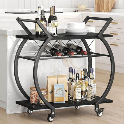 LVB Black Bar Cart with Wheels, Industrial Wine Cart with Storage for Home | Modern Bar Cart with Wine Rack, Beverage Rolling Kitchen Serving Cart, Wooden Microwave Drink Liquor Cart for Dining Room